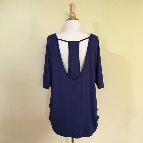 Open Cutout T Back Ruched Sides Drapey Top Navy - Picture 4 of 7